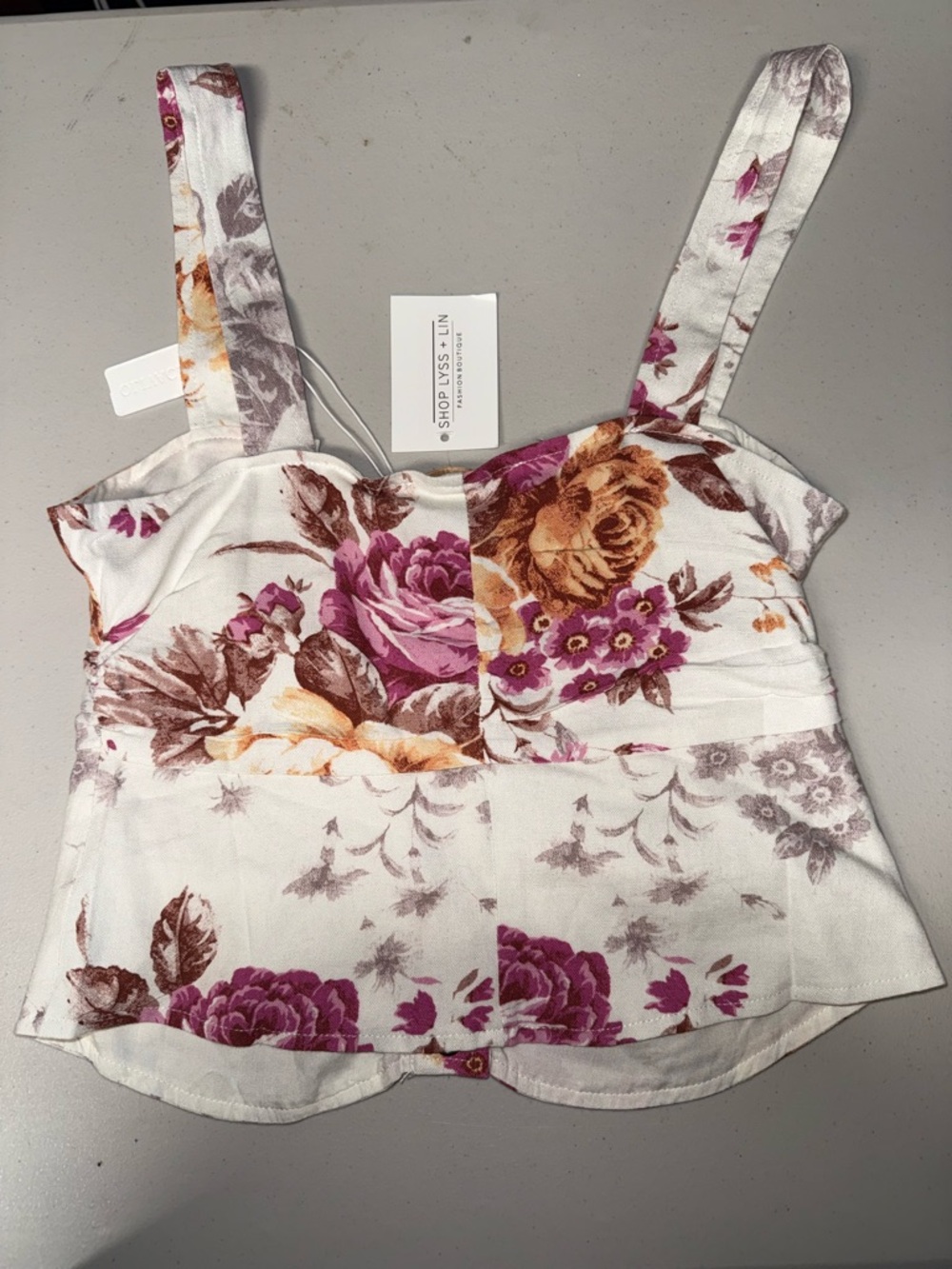 Olivaceous White Floral Button-Front Cropped Cami with Purple & Tan Accents - Picture 3 of 3